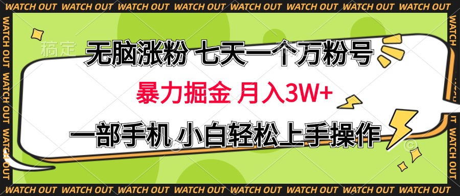 无脑涨粉 七天一个万粉号 暴力掘金 月入三万+，一部手机小白轻松上手操作-91搞钱