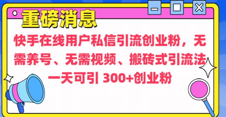 通过给快手在线用户私信引流创业粉,无需养号、无需视频、搬砖式引流法,一天可引300+创业粉-91搞钱