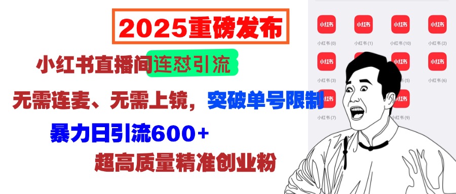 2025重磅发布:小红书直播间连怼引流,无需连麦、无需上镜,突破单号限制,暴力日引流600+超高质量精准创业粉-91搞钱