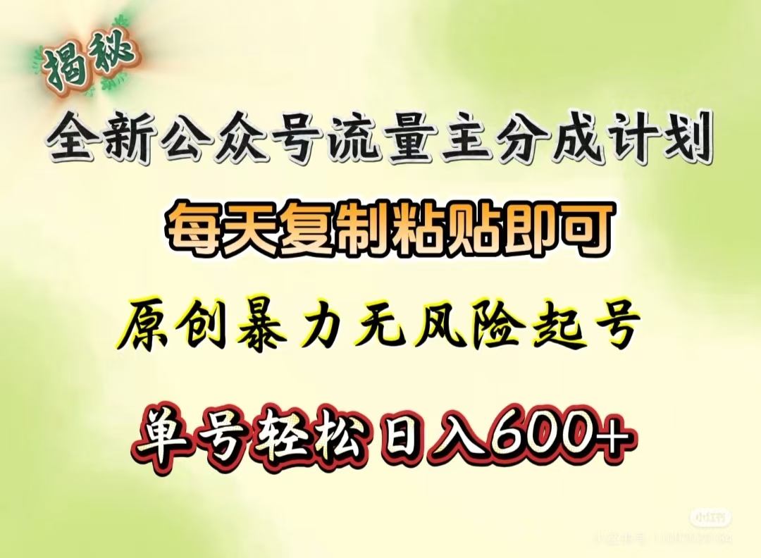 全新公众号流量主分成计划，每天复制粘贴即可，原创暴力起号无风险，单号轻松日入600+（揭秘）-91搞钱