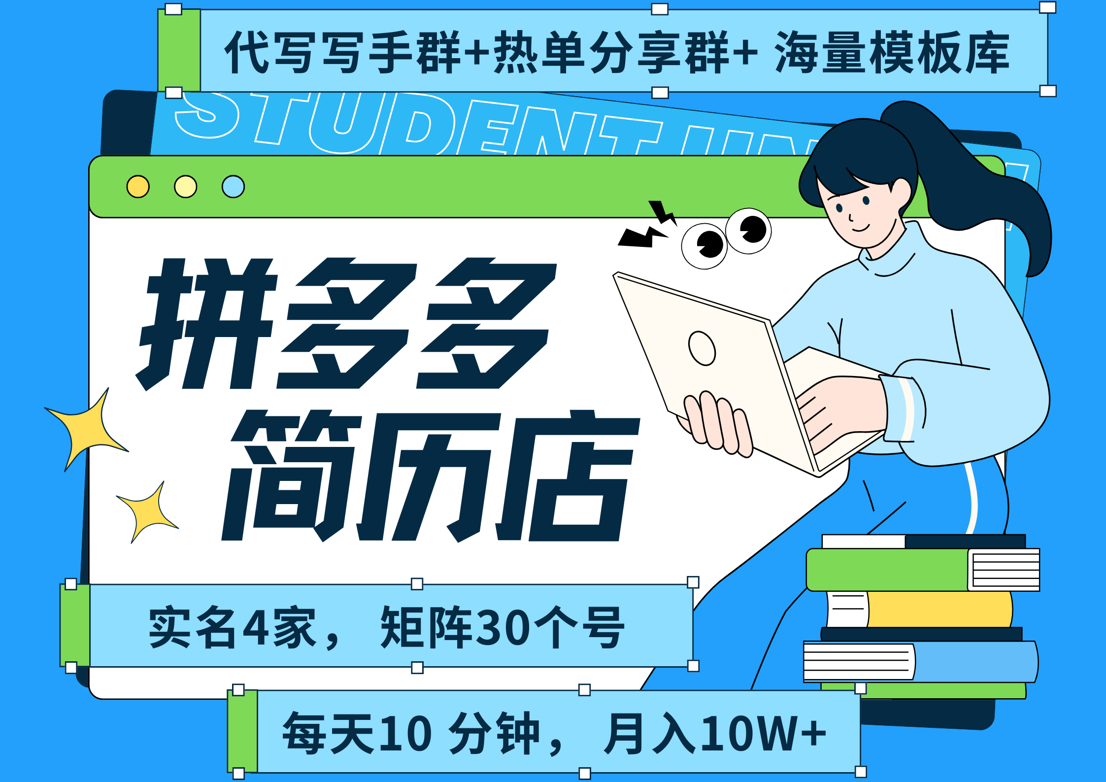 拼多多 虚拟资料 简历 海报代写 全SOP流程 毫无保留分享(含后端资料以及代写渠道)每天十分钟 每人实名四个店 矩阵30个账号 轻轻松松 月入10W-91搞钱