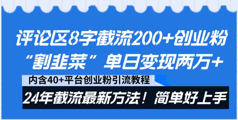 评论区8字截流200+创业粉“割韭菜”单日变现两万+24年截流最新方法!-91搞钱