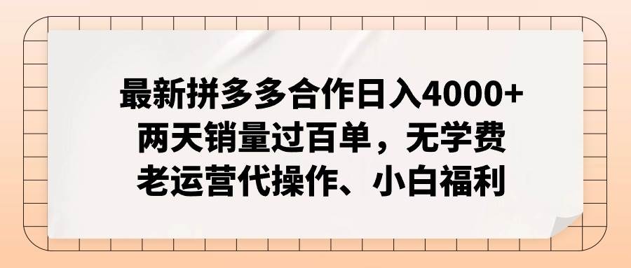最新拼多多合作日入4000+两天销量过百单，无学费、老运营代操作、小白福利-91搞钱